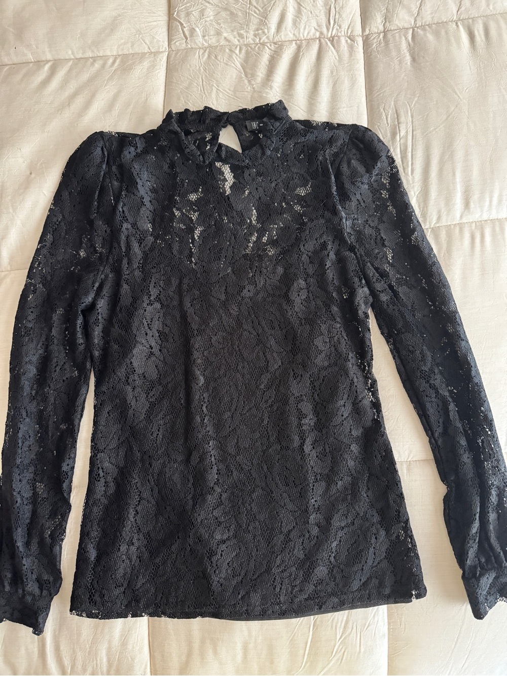 INC Black Lace Long-Sleeve Top - Elegant High Neck